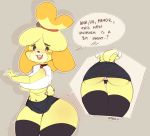 2019 animal_crossing anthro blush breasts camel_toe canid canine canis clothed clothing domestic_dog embarrassed english_text female fur hair hi_res isabelle_(animal_crossing) legwear mammal moxaji nintendo open_mouth shih_tzu simple_background solo speech_bubble stockings text thigh_gap toy_dog video_games yellow_fur 