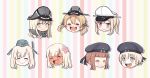  6+girls ahenn anchor_hair_ornament bismarck_(kantai_collection) blonde_hair blue_eyes blue_headwear brown_hair closed_eyes commentary_request dual_persona flower garrison_cap graf_zeppelin_(kantai_collection) grey_eyes hair_flower hair_ornament hat head_only kantai_collection long_hair looking_at_viewer multiple_girls open_mouth peaked_cap prinz_eugen_(kantai_collection) ro-500_(kantai_collection) sailor_hat short_hair sidelocks silver_hair smile striped striped_background tsurime twintails u-511_(kantai_collection) upper_teeth z1_leberecht_maass_(kantai_collection) z3_max_schultz_(kantai_collection) 