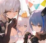  +_+ 3girls azur_lane bangs bare_shoulders blue_eyes blue_hair blush breasts choker cleavage closed_mouth collarbone double_bun dress dunkerque_(azur_lane) eyebrows_visible_through_hair floating_headgear food gascogne_(azur_lane) gauntlets grey_hair hair_between_eyes hair_ornament hand_up headgear highres holding holding_food lard_(kumazakiyuta) large_breasts le_malin_(azur_lane) long_hair looking_at_viewer medium_breasts multicolored_hair multiple_girls short_hair shrug_(clothing) sidelocks silver_hair small_breasts smile strapless strapless_dress symbol-shaped_pupils very_long_hair white_dress yellow_eyes 