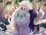  4:3 5_fingers abs anthro balls bearp_(artist) biceps biped black_nose blush canid canine canis detailed_background fingers fur grey_fur handwraps hi_res humanoid_hands law_(sdorica_sunset) mace magatama male mammal masturbation melee_weapon muscular muscular_male nude open_mouth pecs penis sdorica sdorica_sunset signature tongue tree weapon wolf yellow_eyes 