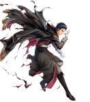  1boy alternate_costume belt black_eyes black_hair boots cape cuboon cup epaulettes fire_emblem fire_emblem:_thracia_776 fire_emblem_heroes full_body gloves highres male_focus necktie official_art reinhardt_(fire_emblem) solo teeth torn_clothes 