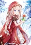  1girl bangs bare_tree black_legwear blue_eyes blurry blurry_background blurry_foreground blush braid breasts cape capelet closed_mouth commentary_request depth_of_field dress eyebrows_visible_through_hair fate/grand_order fate_(series) flower heroic_spirit_festival_outfit highres holding holding_flower light_brown_hair long_hair marie_antoinette_(fate/grand_order) multicolored multicolored_cape multicolored_clothes mutang pantyhose pink_cape puffy_short_sleeves puffy_sleeves red_capelet red_dress red_flower red_rose rose short_sleeves small_breasts smile solo tree veil very_long_hair 