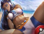  1girl arm_behind_back arm_support armlet bangs bare_shoulders beach belly_chain blue_eyes blue_eyeshadow blue_hair blue_pupils breasts cameltoe covered_nipples dark_skin dated day earrings eyelashes eyeshadow gloves gym_leader hand_to_own_mouth hand_up highres hoop_earrings jewelry kaze_no_gyouja knee_up leaning_back lips looking_at_viewer makeup medium_breasts multicolored multicolored_eyes multicolored_hair navel ocean orange_eyes outdoors parted_lips pendant poke_ball poke_ball_(generic) pokemon pokemon_(game) pokemon_swsh purple_hair ringed_eyes rurina_(pokemon) sidelocks signature solo sportswear spread_legs stomach sweat swept_bangs swimsuit tankini toned two-tone_hair wet wet_clothes 