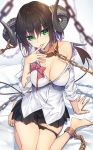  1girl bare_shoulders black_hair black_panties black_skirt bow breasts chain chained collar commentary_request eyebrows_visible_through_hair green_eyes highres horn horns large_breasts licking long_sleeves looking_at_viewer no_bra original panties red_bow shirt shuutou_haruka skirt solo tongue tongue_out underwear white_shirt 