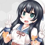 1girl agano_(kantai_collection) black_hair blue_sailor_collar commentary_request cosplay double_v gloves green_eyes hat honeycomb_(pattern) honeycomb_background kantai_collection long_hair mikura_(kantai_collection) mikura_(kantai_collection)_(cosplay) open_mouth ouno_(nounai_disintegration) puffy_short_sleeves puffy_sleeves sailor_collar sailor_hat sailor_shirt shirt short_sleeves smile solo upper_body v white_background white_gloves white_shirt 