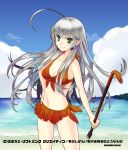  1girl ahoge bangs beach bikini blue_sky blush breasts cleavage closed_mouth cloud collarbone cowboy_shot day floating_hair front-tie_bikini front-tie_top green_eyes hair_between_eyes haiyore!_nyaruko-san halterneck hand_on_hip holding long_hair madara_sai medium_breasts navel nyarlathotep_(nyaruko-san) ocean orange_bikini outdoors silver_hair sky smile solo standing swimsuit very_long_hair 