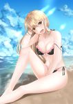  1girl :d absurdres bangs bare_arms bare_legs bare_shoulders barefoot beach bikini black_bikini blonde_hair blue_sky blush bow breasts brown_eyes cloud collarbone commentary_request day earrings eyebrows_visible_through_hair feet_out_of_frame frilled_bikini frills green_bow hair_between_eyes hair_bow hand_in_hair hand_up head_tilt highres jewelry karineko kirisame_marisa knee_up long_hair looking_at_viewer medium_breasts navel no_hat no_headwear open_mouth outdoors side-tie_bikini sitting sky smile solo stomach strap_slip swimsuit thighs touhou translation_request water 