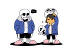  ... 1boy 1other arm_cannon bob_cut brown_hair closed_eyes commentary cosplay costume english_commentary frisk_(undertale) gasterblaster hands_in_pockets highres hood hoodie no_pupils nurume_(nurumenoon) pink_footwear sans sans_(cosplay) shorts skeleton slippers smile socks spoken_ellipsis super_smash_bros. undertale weapon 