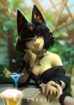  2019 alcohol animal_crossing ankha_(animal_crossing) anthro arthropod beer beverage bracelet breasts butterfly cleavage clothed clothing detailed_background domestic_cat egyptian felid feline felis female fur hair half-closed_eyes hand_holding hi_res insect jewelry lepidopteran mammal nintendo tongue tongue_out uraeus video_games wayn_animation whiskers wings 