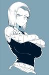  1girl android_18 belt blue_background breasts crossed_arms dragon_ball dragon_ball_z greyscale large_breasts monochrome solo space_jin sweatdrop upper_body 