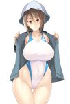  1girl :d absurdres ass_visible_through_thighs bangs bare_legs blue_headwear blue_jacket breasts brown_eyes brown_hair competition_swimsuit covered_navel eyebrows_visible_through_hair girls_und_panzer hat headwear highres impossible_clothes jacket large_breasts long_sleeves looking_at_viewer mika_(girls_und_panzer) nakamura_yukitoshi one-piece_swimsuit open_clothes open_jacket open_mouth simple_background smile solo standing swimsuit teeth translation_request white_background 