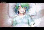  1girl :d bandaid_on_cheek bangs bed_sheet blue_hair brown_eyes commentary_request crying crying_with_eyes_open danielle_brindle earth-chan eyebrows_visible_through_hair green_hair green_shirt hair_between_eyes highres injury letterboxed looking_away looking_to_the_side lying multicolored_hair on_back open_mouth original pillow round_teeth shirt short_sleeves smile solo tears teeth twitter_username two-tone_hair under_covers upper_body upper_teeth 