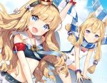  2girls :d adapted_costume ancotaku anniversary arm_up azur_lane bare_arms bare_shoulders bead_bracelet beads bikini blonde_hair blue_bikini blue_eyes blue_sky bow bracelet breasts closed_mouth cloud collarbone commentary_request crown fang floating_hair hair_bow hair_ornament hairband jewelry long_hair looking_at_viewer midriff multiple_girls one-piece_swimsuit open_mouth purple_eyes queen_elizabeth_(azur_lane) sailor_bikini sailor_collar scarf sky small_breasts smile swimsuit thighs v-shaped_eyebrows warspite_(azur_lane) wavy_hair white_sailor_collar 