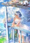  1girl animal bangs bare_arms bicycle blue_hair blue_sky bubble bubble_blowing cat cloud collarbone commentary day dress english_commentary flower ground_vehicle head_wreath highres holding marmalade_(elfless_vanilla) original outdoors ribbon short_hair sky standing summer veranda white_dress 