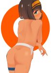  1girl absurdres ass bangs blush brown_hair closed_mouth commentary_request cowboy_shot dark_skin eyebrows_visible_through_hair from_behind green_eyes hairband highres leaning_forward looking_at_viewer looking_back nose_blush nude orange_background original profile solo thigh_strap toy_box-r two-tone_background white_background 