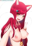  1girl academy_ahri ahri alternate_hair_color animal_ear_fluff animal_ears between_breasts blush breasts commentary commentary_request facial_mark fox_ears fox_girl fox_tail hair_ornament hairclip heart heart_hair_ornament large_breasts league_of_legends long_hair looking_at_viewer multiple_tails necktie necktie_between_breasts nipples open_mouth red_hair simple_background solo tail tofuubear v whisker_markings white_background 