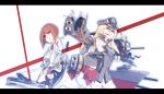 2girls absurdres anbo ark_royal_(kantai_collection) bangs bismarck_(kantai_collection) bleeding blonde_hair blood blood_from_mouth blood_on_face blood_stain bloody_clothes blue_eyes blunt_bangs bob_cut bow_(weapon) breastplate cannon compound_bow corset cuts damaged dress fingerless_gloves flight_deck flower gloves hairband hat highres huge_filesize injury jacket kantai_collection long_hair long_sleeves machinery multiple_girls off-shoulder_dress off_shoulder overskirt peaked_cap quiver red_flower red_hair red_ribbon red_rose ribbon rose short_hair shorts tiara torn_clothes tsurime turret uniform weapon white_corset white_shorts 