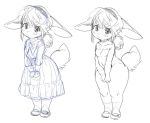  anthro black_and_white blush bovid caprine clothing dress female footwear goat hair headgear headwear kemono looking_at_viewer magiace mammal monochrome navel nude shoes simple_background sketch solo standing white_background 