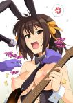  /\/\/\ 1girl absurdres anger_vein angry animal_ears bare_shoulders blush bouncing_breasts bow bowtie breasts breasts_outside bunny_ears collarbone corset disembodied_hands eyebrows_visible_through_hair guitar hairband haruhisky highres instrument large_breasts microphone music nipples open_mouth orange_hairband playing_instrument solo spoken_anger_vein suzumiya_haruhi suzumiya_haruhi_no_yuuutsu sweat tapping teeth tongue white_background wrist_cuffs 