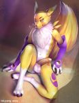  2019 3_fingers 3_toes anthro balls bitfang claws digimon digimon_(species) fingers fur hi_res humanoid_penis looking_at_viewer male markings penis purple_fur purple_markings renamon sitting slit_pupils solo spread_legs spreading tan_penis toe_claws toes white_balls white_fur yellow_fur 