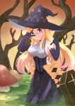  1girl absurdres bare_shoulders black_dress black_gloves blonde_hair blue_eyes bow breasts cleavage commentary_request dress elach elbow_gloves elf eyebrows_visible_through_hair gloves hair_between_eyes halloween hat highres large_breasts looking_at_viewer orange_bow original outdoors pointy_ears solo tree wavy_mouth witch_hat 