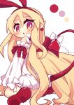  1girl :o absurdres ass blonde_hair bow bright_pupils demon_girl demon_tail demon_wings detached_sleeves disgaea earrings eyebrows_visible_through_hair flonne flonne_(fallen_angel) from_behind hair_between_eyes hairband heart heart_earrings highres jewelry long_hair long_sleeves looking_back makai_senki_disgaea mini_wings no_nose pink_eyes pointy_ears red_footwear red_hairband red_wings shoes sleeves_past_wrists solo tail tail_bow tail_raised very_long_hair white_background white_bow white_pupils wings yuya090602 