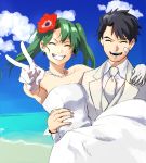  1boy 1girl absurdres admiral_(kantai_collection) bandaid bandaid_on_face beach bead_necklace beads black_hair blue_sky carrying cloud dress flower formal gloves green_hair grin hair_flower hair_ornament highres jewelry kantai_collection necklace necktie ocean open_mouth princess_carry roru_(lol_dessin) shore sky smile strapless strapless_dress suit suke_(singekijyosei) tuxedo twintails v wedding_dress white_dress white_gloves white_neckwear white_suit zuikaku_(kantai_collection) 