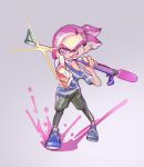  1boy domino_mask fangs full_body glasses highres inkling leggings looking_at_viewer mask mkakimikan pointing pointing_at_viewer ponytail purple_background purple_eyes purple_hair shirt shoes shorts simple_background smile sneakers splat_charger_(splatoon) splatoon_(series) splatoon_2 striped striped_shirt tentacle_hair 