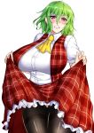  1girl absurdres angry black_legwear blush bow bowtie breasts clenched_teeth collared_shirt green_hair highres huge_breasts kazami_yuuka light-0ver_l-l-l-0000 looking_at_viewer pantyhose parted_lips plaid plaid_skirt plaid_vest red_eyes shiny shiny_clothes shiny_hair shirt short_hair simple_background skirt skirt_lift solo standing teeth touhou vest white_background white_shirt yellow_neckwear 