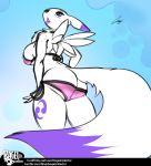  anthro bagelcollector big_breasts bikini black_sclera breasts butt canid canine clothing digimon digimon_(species) female hi_res looking_back mammal open_mouth renamon simple_background smile solo swimwear teasing thick_thighs 