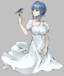  1girl alternate_costume animal_ears bags_under_eyes bird bird_on_hand black_eyes blue_hair braid closed_mouth collarbone commentary_request dress eyebrows_visible_through_hair fire_emblem fire_emblem:_three_houses french_braid grey_background hair_between_eyes highres long_dress looking_at_another marianne_von_edmund open_eyes sakuuremi short_hair simple_background sitting solo white_dress white_footwear 