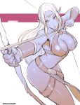  1girl absurdres bare_shoulders barefoot belt beltskirt bow_(weapon) breasts center_opening circlet cleavage commentary dark_elf dungeons_&amp;_dragons:_shadow_over_mystara dungeons_and_dragons elf fingernails highres holding holding_weapon jewelry large_breasts loincloth long_hair long_pointy_ears navel outstretched_arm pointy_ears rejean_dubois revealing_clothes shadow_elf solo standing turtleneck vambraces very_long_hair weapon white_hair 