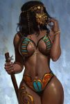  1girl black_hair bodypaint bracelet breasts brown_eyes covered_mouth dark_skin firez highres honduras jewelry large_breasts looking_to_the_side medium_hair navel real_life reference_work solo stick tribal very_dark_skin 
