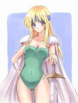  1girl ass_visible_through_thighs blonde_hair blue_background blue_eyes bracer breasts cape celes_chere cleavage covered_navel final_fantasy final_fantasy_vi green_leotard hand_on_hip headband highres leotard long_hair nanjou_satoshi pauldrons simple_background solo strapless strapless_leotard sword thighs weapon white_cape 