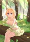  1girl absurdres ahoge bare_shoulders blonde_hair blue_eyes blush breasts cleavage commentary_request elach elf forest gloves grass green_gloves green_skirt hair_between_eyes highres long_hair looking_at_viewer midriff nature navel ocllarbone original outdoors pointy_ears sitting sketch skirt smile solo tree 