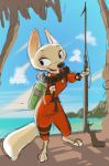  air_tank arctic_fox barefoot blue_eyes blue_sky byron_howard canid canine clock cloud concept_art disney female fox fur holding_object holding_weapon mammal melee_weapon official_art open_mouth outside palm_tree polearm scuba sea sky skye_(zootopia) smile solo spear speargun standing tree watch water weapon wetsuit white_fur wristwatch zootopia 