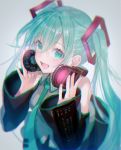  1girl aqua_eyes aqua_hair bangs blurry blush chromatic_aberration commentary_request detached_sleeves eyebrows_visible_through_hair hair_between_eyes hatsune_miku headphones highres long_hair looking_at_viewer necktie open_mouth simple_background skirt sleeveless smile solo twintails upper_body very_long_hair vocaloid yamori_(stom) 