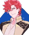  1boy artist_name brown_eyes epaulettes fire_emblem fire_emblem:_three_houses garreg_mach_monastery_uniform male_focus manda_(eyelashes) red_hair solo sylvain_jose_gautier uniform white_background 