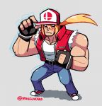  1boy baseball_cap blonde_hair blue_eyes denim fatal_fury fingerless_gloves gloves hat jacket jeans long_hair looking_at_viewer male_focus mike_luckas muscle pants ponytail snk solo super_smash_bros. terry_bogard the_king_of_fighters 