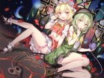  2girls blonde_hair blush boots choker cropped dress fang flandre_scarlet flowers garter green_eyes green_hair hat komeiji_koishi navel petals ponytail red_eyes rie_(reverie) rose scan short_hair skirt socks touhou vampire weapon wings wristwear 