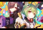  2girls :3 ahoge akashi_(azur_lane) animal_ear_fluff animal_ears azur_lane bangs black_hair blunt_bangs box cat_ears closed_mouth coin commentary_request credit_card cube deal_with_it double-breasted expressionless eyebrows_visible_through_hair gem green_hair hair_between_eyes hair_over_one_eye holding holding_box japanese_clothes jitome kimono letterboxed long_hair looking_at_viewer manjuu_(azur_lane) medium_hair mole mole_under_eye multiple_girls red_eyes shiranui_(azur_lane) sleeves_past_fingers sleeves_past_wrists smile tech_box_(azur_lane) tocope very_long_sleeves yellow_eyes 