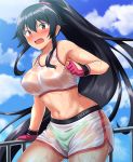  1girl alternate_costume armpits bangs black_hair blue_sky blush breasts cloud commentary_request cowboy_shot crop_top day eyebrows_visible_through_hair fingerless_gloves gloves highres kantai_collection large_breasts long_hair looking_at_viewer open_mouth outdoors panties ponytail red_eyes scrunchie see-through shirt shorts sidelocks sky solo sportswear underwear very_long_hair wet wet_clothes wet_shirt yahagi_(kantai_collection) zanntetu 