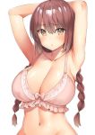  1girl armpits arms_behind_head arms_up bangs bare_shoulders blush body_mahattaya_ginga braid breasts brown_eyes brown_hair cleavage collarbone hair_between_eyes large_breasts long_hair looking_at_viewer navel open_mouth original simple_background solo twin_braids white_background 