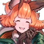  2017 accessory animal_humanoid clothed clothing eyelashes eyes_closed female gloves granblue_fantasy hair hair_accessory hair_bow hair_ribbon hands_together handwear hi_res humanoid karteira open_mouth orange_hair reis94618 ribbons smile solo teeth 