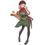  1girl alternate_costume apron bag baguette bangs beret black_footwear bread breasts carrot cheese commentary_request food girls_frontline grocery_bag gun hair_between_eyes handgun hat holding holding_bag holster holstered_weapon looking_at_viewer medium_hair official_art one_eye_closed open_mouth pantyhose paper_bag pistol px4_storm_(girls_frontline) rainli red_sweater shoes shopping_bag smile snow solo spring_onion standing sweater tomato transparent_background weapon 