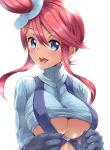  1girl :d amasora_taichi bangs blue_eyes blue_gloves blue_shirt blush breasts brown_hair cleavage commentary_request crop_top dark_skin eyebrows_visible_through_hair fuuro_(pokemon) gloves hair_between_eyes hair_bun hair_ornament highres large_breasts long_hair looking_at_viewer one_side_up open_mouth pokemon pokemon_(game) pokemon_bw pokemon_masters round_teeth shirt sidelocks simple_background smile solo tareme teeth underboob upper_body upper_teeth v-shaped_eyebrows white_background 
