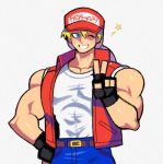  1boy baseball_cap blonde_hair blue_eyes denaseey fatal_fury fingerless_gloves gloves hat jacket long_hair looking_at_viewer male_focus muscle one_eye_closed pants ponytail smile solo super_smash_bros. terry_bogard the_king_of_fighters v 