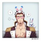  1boy 47_(479992103) ? animal_ears beard blue_eyes brown_hair bunny_ears chest collared_jacket epaulettes facial_hair fate/grand_order fate_(series) fou_(fate/grand_order) glasses happy_birthday jacket long_sleeves looking_at_viewer male_focus muscle napoleon_bonaparte_(fate/grand_order) open_clothes open_jacket open_mouth pectorals scar simple_background solo uniform upper_body 