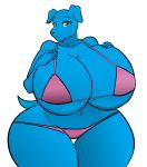  2019 absurd_res anthro big_breasts bikini blue_fur breasts brown_eyes canid canine canis cleavage clothed clothing digital_media_(artwork) domestic_dog female fingers fur hayakain hi_res huge_breasts hyper hyper_breasts looking_at_viewer mammal navel shina_eastmen_(lildredre) simple_background solo swimwear thick_thighs voluptuous wide_hips 