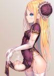  1girl abigail_williams_(fate/grand_order) bangs blonde_hair blue_eyes breasts bun_cover china_dress chinese_clothes closed_mouth covered_navel dress dress_lift elbow_gloves fate/grand_order fate_(series) food forehead garter_belt garter_straps gloves hair_bun highres long_hair looking_at_viewer no_panties parted_bangs pelvic_curtain purple_dress short_sleeves side_slit solo thighhighs tonchan white_gloves white_legwear 